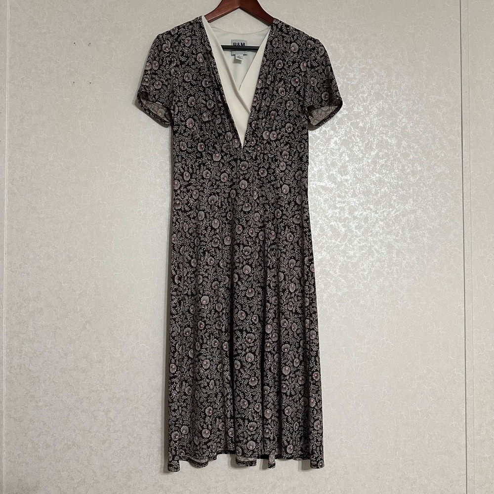 R&M Richards VTG Brown Floral Print Fit & Flare Midi Dress V-neck Short Sleeve 8
